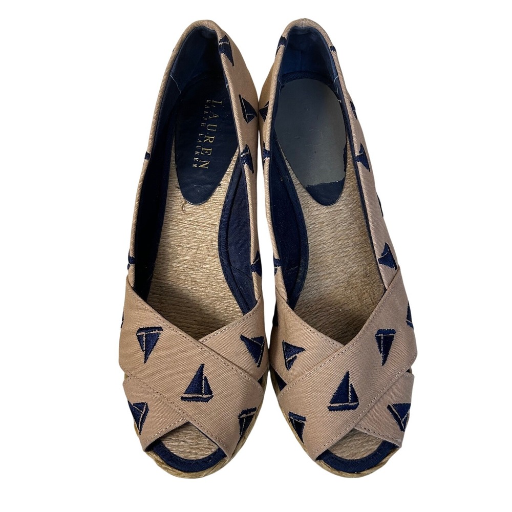 Lauren Ralph Women Espadrille Wedge‎ Sandals Nautical Sailboat Print Tan Blue 8